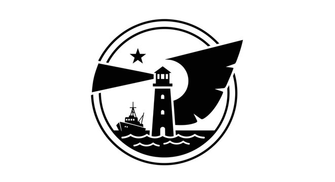 Black and white circular lighthouse logo with ship and eagle wing.