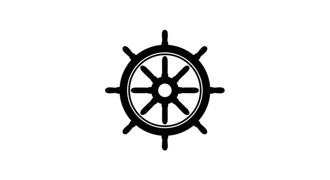 Black and white silhouette icon of a vintage ship steering wheel.