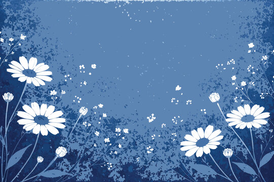 Blue Cyanotype Daisy Botanical Background with Stipple Dot Overlay Texture, White Flower and Twig Silhouettes on Gritty Blue Paper, Vintage Floral Illustration for Greeting Cards, Posters, Art.
