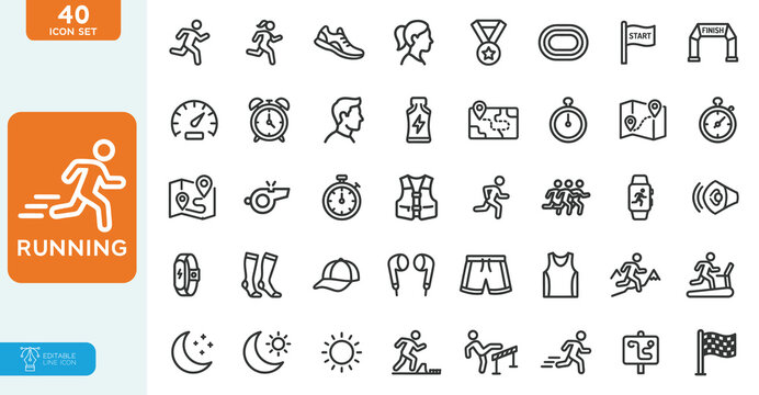 Running Vector Illustration line editable icon set. Contain icons related to Running sport, marathon, runner, race, finish line, treadmill and more. on white background.