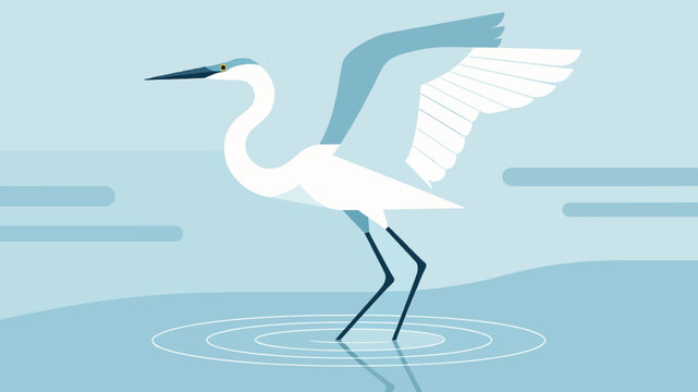 A minimalist flat vector illustration of a white egret standing in water with its wings spread, set against a calm blue background.