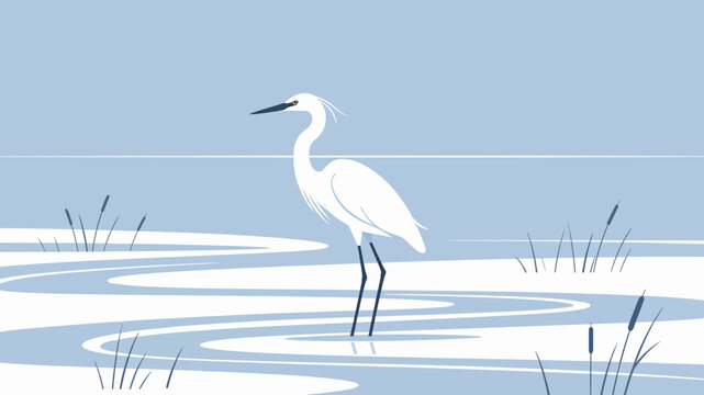A minimalist vector illustration of a white egret standing gracefully in shallow water among reeds, featuring a serene blue and white color palette.