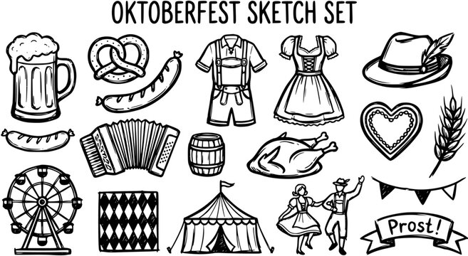 Oktoberfest Sketch Set: Beer, Pretzels, Food, Traditional Clothing, Hat, Ferris Wheel, Accordion, Tent, Black and White Line Art