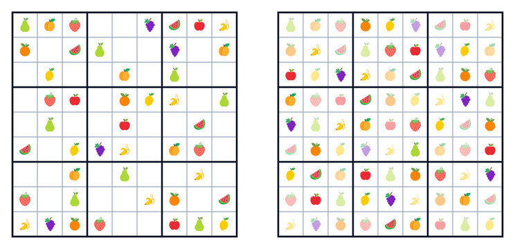 Fruit sudoku puzzle for kids with colorful cartoon fruits
