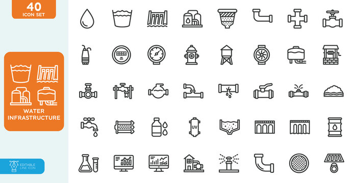 Water infrastructure Vector Illustration line editable icon set. editable line icons for plumbing water supply and treatment systems. on white background.