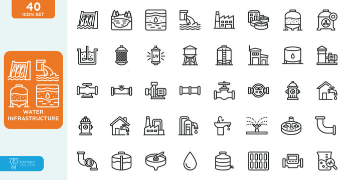 Water infrastructure Vector Illustration line editable icon set. editable line icons for plumbing water supply and treatment systems. on white background.