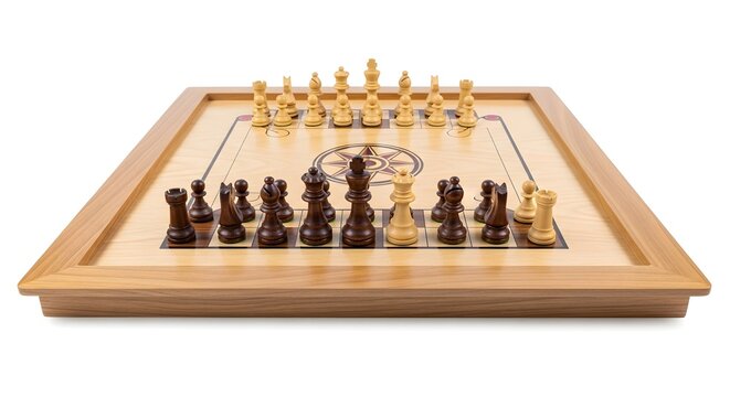 Strategic Chess Game Setup with Wooden Pieces and Board.