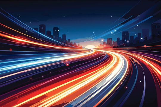 Abstract Vector Illustration of Dynamic Light Trails and Motion Blur on a Night City Highway, Representing Speed, Traffic, and Modern Urban Connectivity with Vibrant Neon Colors and Skyline.