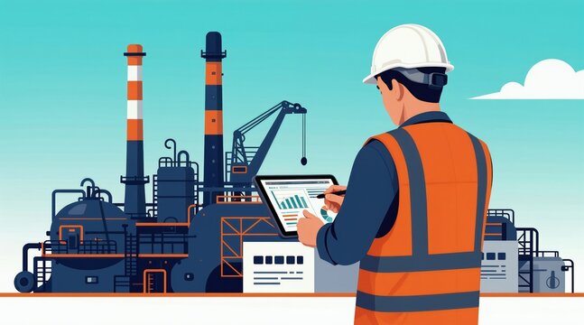 Industrial worker with hard hat checks data on tablet. Factory buildings with pipes and chimneys stand behind. Crane is visible against blue sky. Worker analyzes graphs and charts for production.