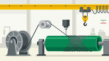 Fototapeta premium Industrial Cable Winding Machine in Factory Setting with Crane