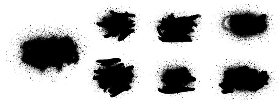 Abstract frame shapes with spray ink splatter and charcoal grain. Hand drawn grunge frame elements for poster and banner. Distressed vector spray paint splotch with urban paint stain on white bg.