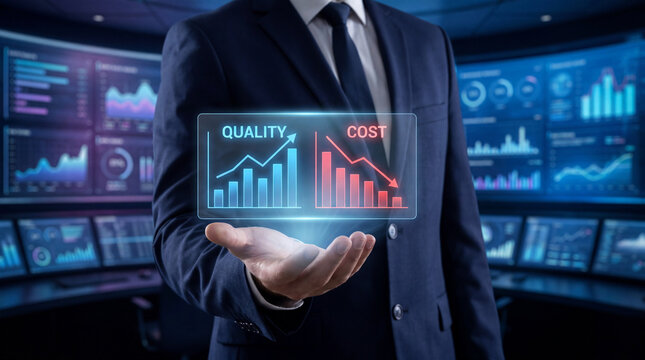 Dynamic businessman showcasing quality improvement and cost reduction with financial chart in hand for strategic business growth and modern success