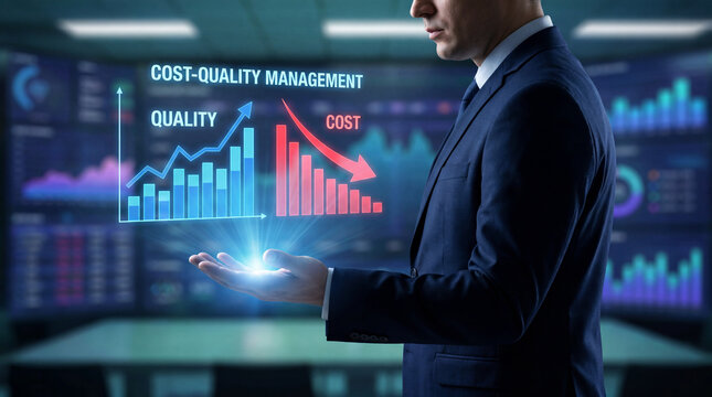 Dynamic businessman showcasing quality improvement and cost reduction with financial chart in hand for strategic business growth and modern success. New