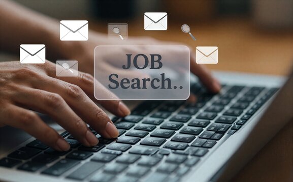 Hands typing on laptop surrounded by floating email icons for job