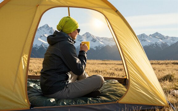 Camping enthusiast sips warm drink enjoying mountain view from yellow