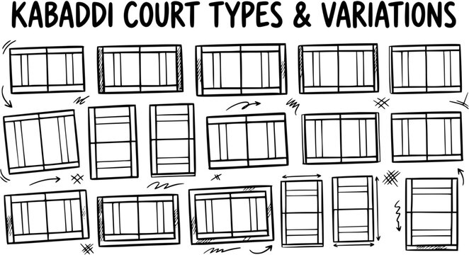 Sports Kabaddi Court Types and Variations: Black  White Hand-Drawn Line Art Diagrams for Game Field Layouts and Rules Illustration.
