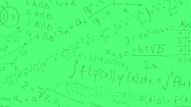 2D Animated mathematical background featuring floating equations, numbers, formulas, and geometric calculations, perfect for educational, scientific, and technology video projects. math motion bg