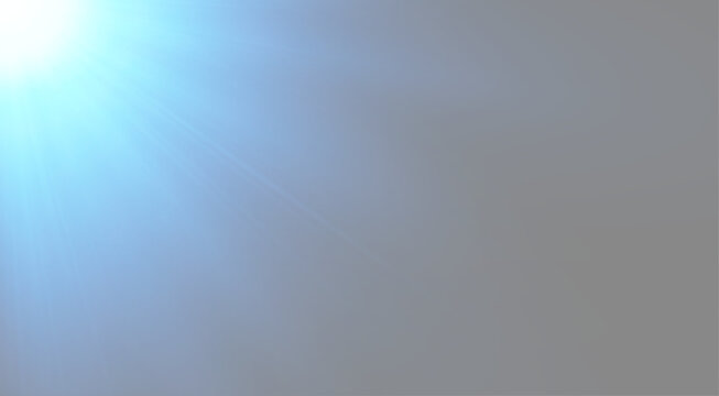 Bright blue lens flare from top left corner with volumetric sunbeams on abstract grey background.