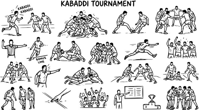 Kabaddi Tournament Players Hand Drawn Black and White Line Art Doodle Vector Icons Set for Sports and Athletics Games