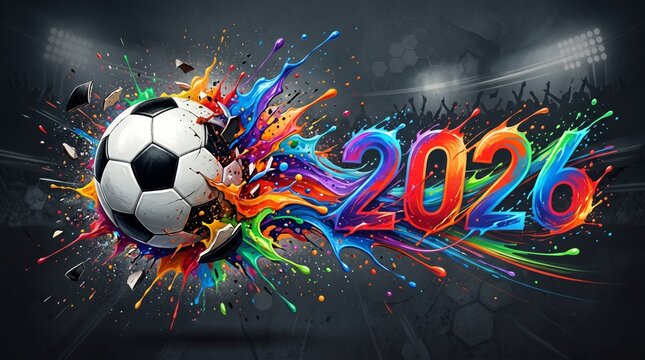 Vibrant soccer ball explosion with 2026 text