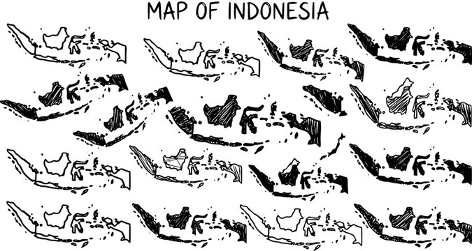 Hand-drawn map of Indonesia, Black and White line art vector illustration, travel concept
