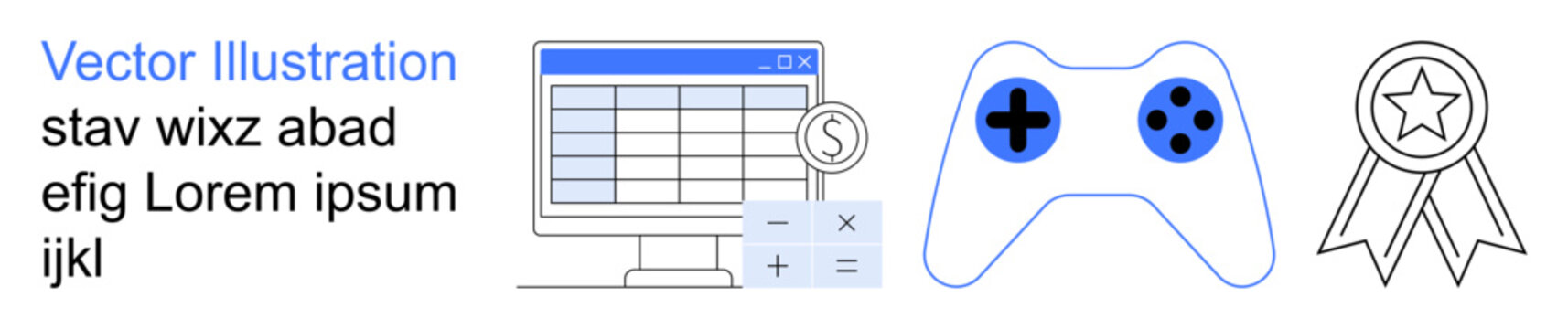 Business tools, gaming, achievements, finance, technology, rewards. Computer screen showing spreadsheet, game controller with buttons and a ribbon badge. Financial management and gaming concept