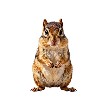 Adorable chipmunk stands upright with curious expression on a white background