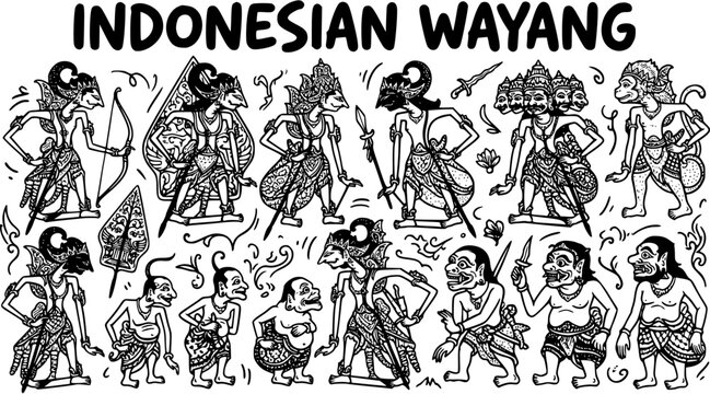 Indonesian Wayang Puppets Black and White Line Art Vector Illustration