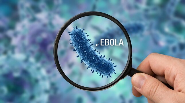 Magnifying glass showing blue ebola virus cell model on blurred microscopic background.