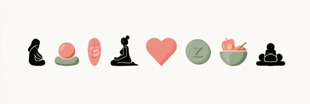 Flat icon set shows activities for postpartum recovery including breastfeeding, exercise, yoga, and nutrition. Icons are in coral and sage colors.
