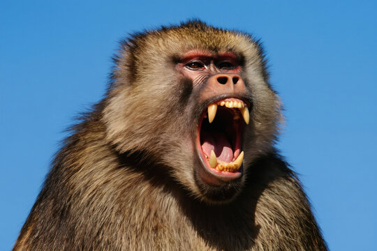 Male baboon with open mouth shows sharp teeth. Wild primate shows aggressive roar against blue sky. Animal kingdom mammal displays fierce facial expression.