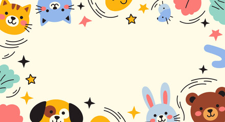 Obraz premium Cute Cartoon Animal Frame with Hand Drawn Stars and Clouds, Kawaii Pet Background Border for Kids Birthday Cards and Nursery Decorations