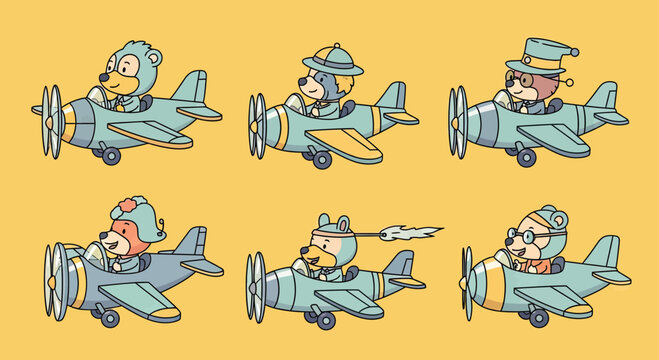 Cute Cartoon Animal Pilots Flying Vintage Propeller Planes Set, Whimsical Vector Illustration for Kids
