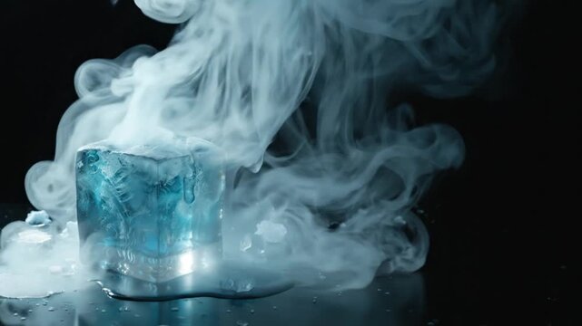 Hypnotic blue ice cube releasing a dense cloud of ethereal white smoke against a stark, dark backdrop, capturing a dramatic display of cold vapor transformation and mystery