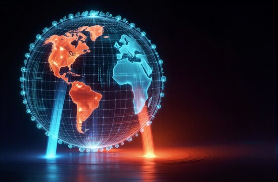 Digital globe with glowing grid orange and blue hues standing on