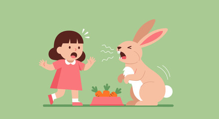 Fototapeta premium Aggressive Angry Pet Rabbit Guarding Food and Growling at a Scared Little Girl Vector Illustration