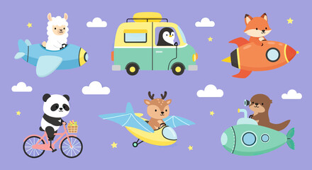 Fototapeta premium Cute Cartoon Animals Traveling in Various Vehicles Collection: Alpaca Penguin Fox Panda Deer and Otter in Plane Van Rocket Bicycle and Submarine