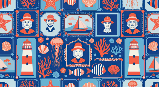 Nautical Seamless Pattern with Vintage Sailor Portraits, Lighthouses, Sailboats, and Underwater Marine Life including Fish, Coral and Jellyfish