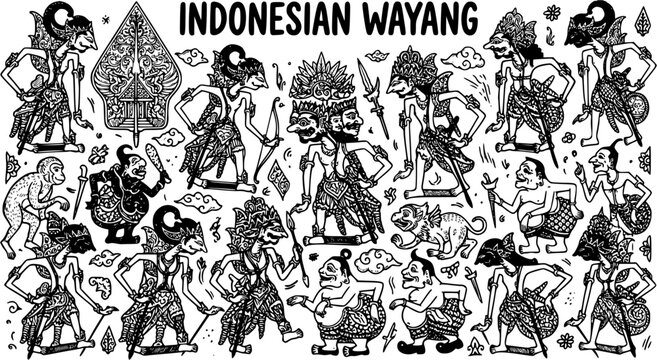 Indonesian Wayang Shadow Puppets - Black and White Line Art Vector