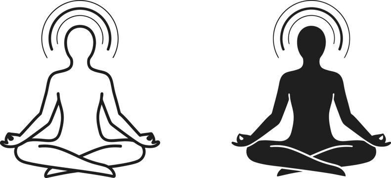 Yoga silhouette icon set lotus position with aura black and white