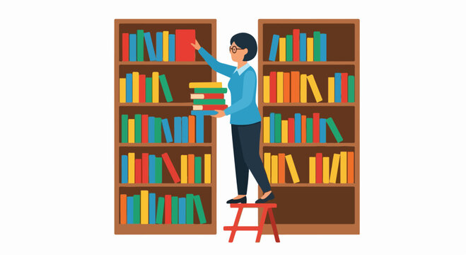 Vector illustration of a librarian organizing books on tall library shelves beside a step stool