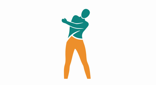 Vibrant teal torso orange pants silhouette performing a dynamic stretch vector illustration