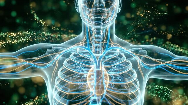 3D render of human anatomy showing skeleton and heart with digital particles. Suitable for education, science, medical, research, and healthcare.