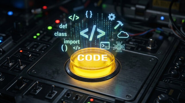 Yellow button glows warmly amid dark control panel. Code symbols float above, glowing digital elements