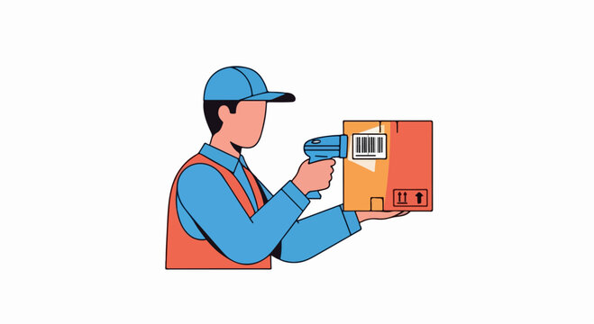 Vector illustration of a warehouse worker scanning a package with a handheld barcode scanner