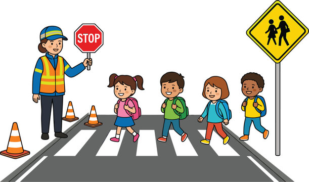 School crosswalk vector illustration with crossing guard holding stop sign as children cross the street