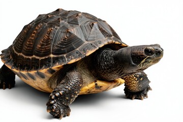 Obraz premium Pig-nosed turtle or Fly River turtle Carettochelys insculpta isolated on white background. Side view profile of unique reptile with soft shell and pig like snout. Studio shot.