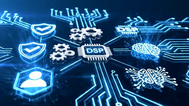 Digital Signal Processing Technology Concept With Circuit Board Graphics.