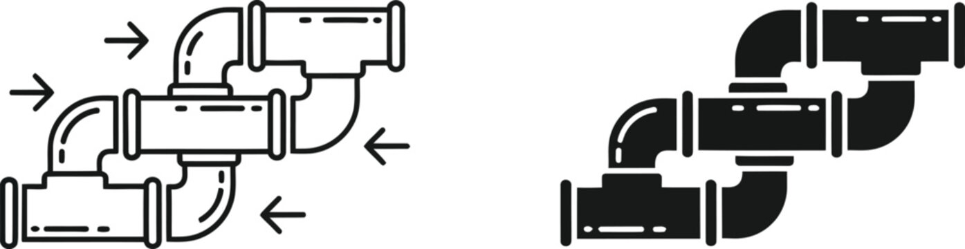 Industrial pipe system illustration set line art and solid silhouette