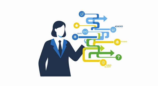 Businesswoman guiding dynamic multi path workflow arrows with icons and decision routes guide